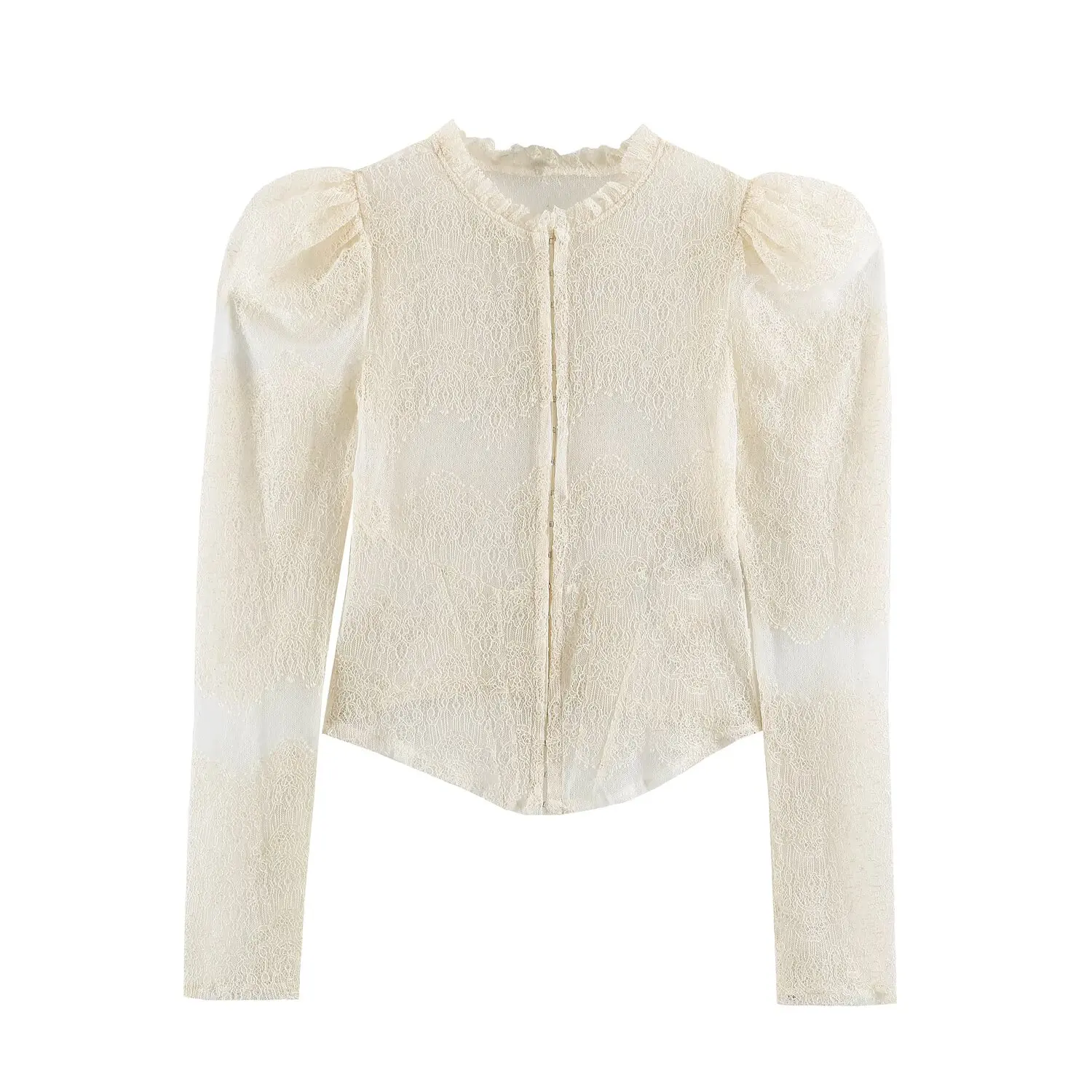 2027 Spring Summer Women's Sexy Lace Hollow Out See Through Jackets Lady Elegant Stand Collar Street Puff Sleeve Short Coats