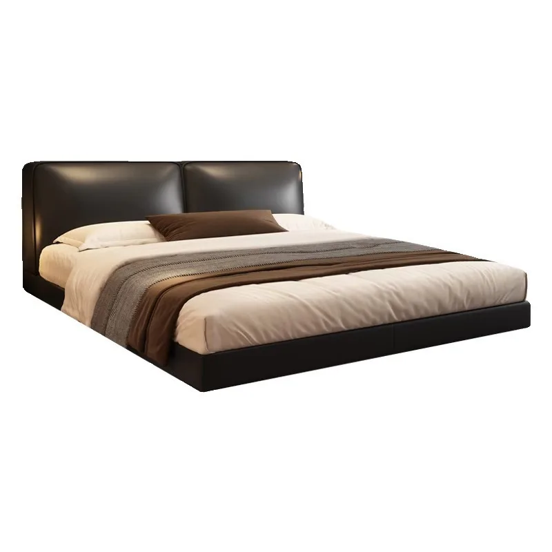 Leather bed full first layer cowhide Italian light luxury tofu block suspension master bedroom bed