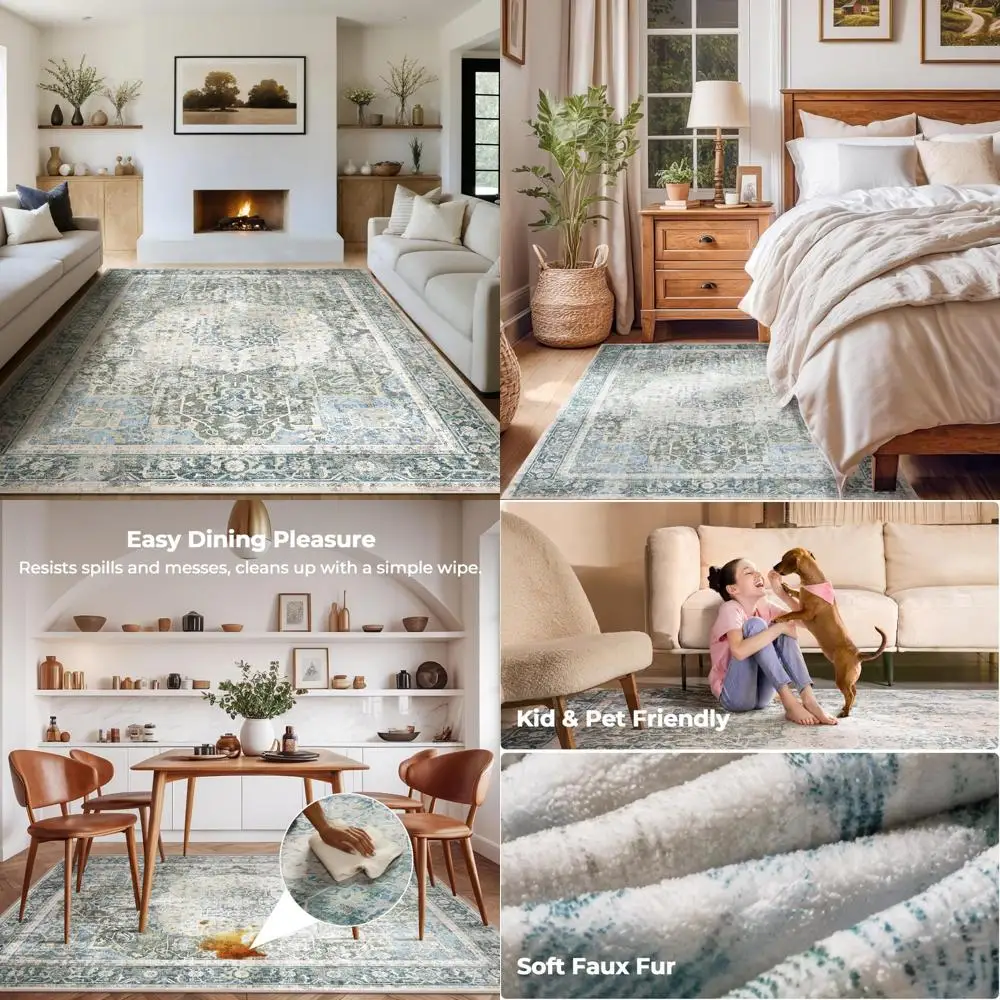 

Vintage Boho Style Area Rugs, 8x10 Size for Living Room, Machine Washable with Non-Slip Backing, Distressed Medallion Print, Low