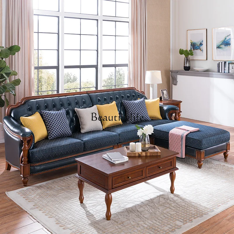leather sofa L-shaped leather cloth retro simple European solid wood double triple