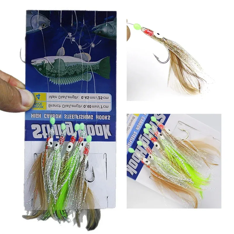 BRAVMACK 5Hoods Luminous Octopus Mackerel Feathers Sabiki Bait Rigs with String Lures Fishing Squid