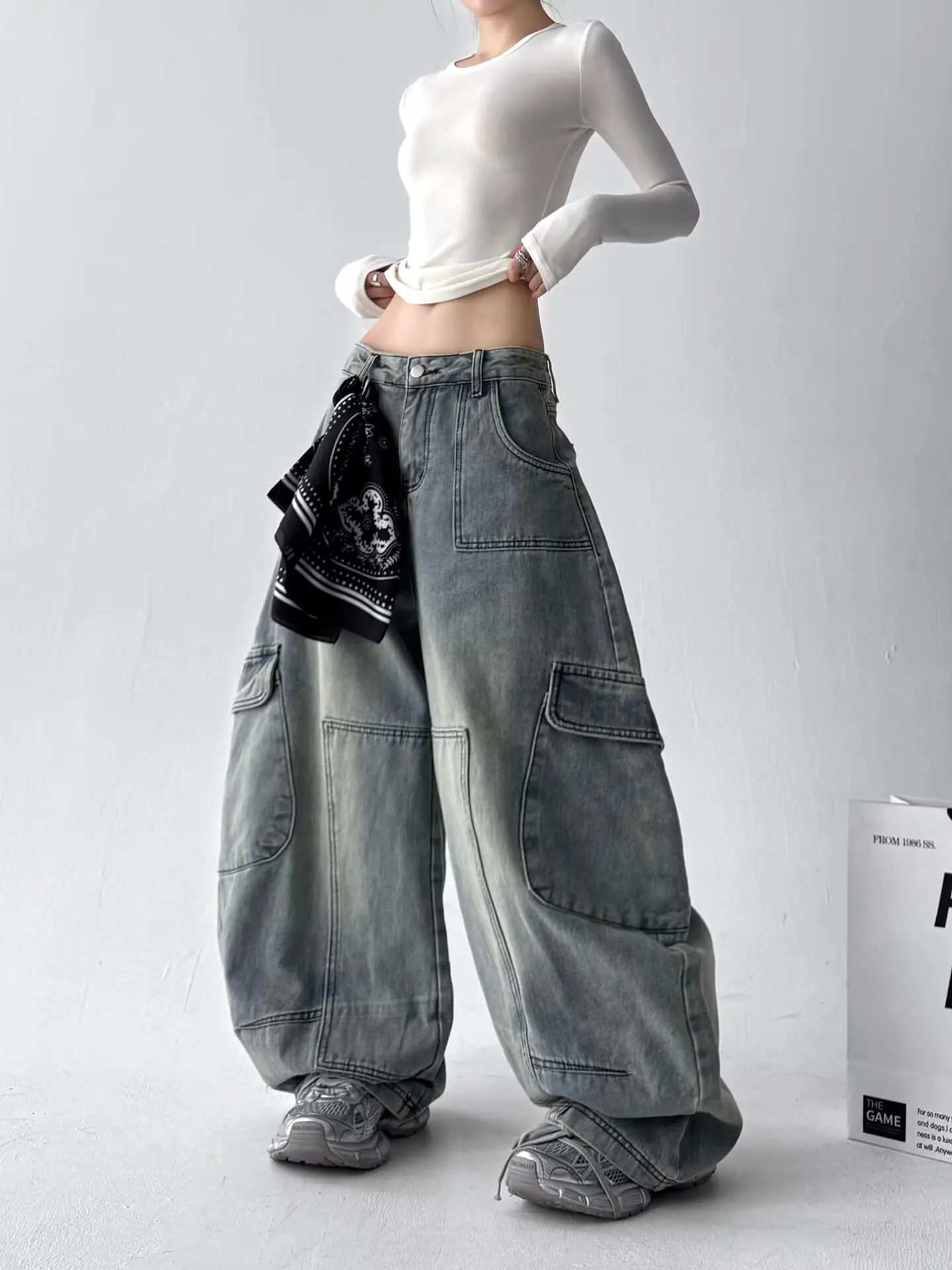 가을과 겨울에 입는 여성용 레트로 워크웨어 와이드 레그 진, 하이 스트리트 디자인의 루즈하고 슬림한 하이웨이스트 스트레이트 팬츠