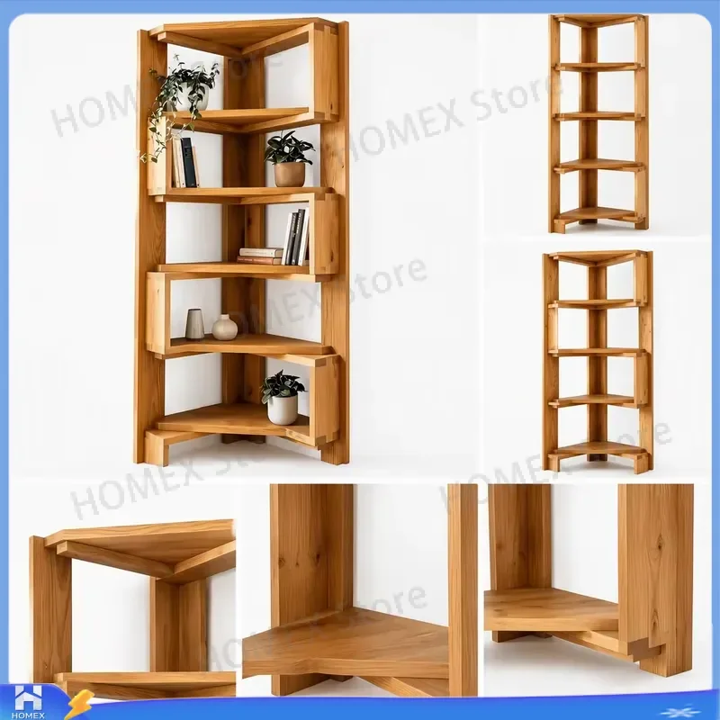 Wooden Corner Bookshelf Floor Standing Display Rack Home Office Library Storage Shelf Modern Minimalist Furniture Organizer