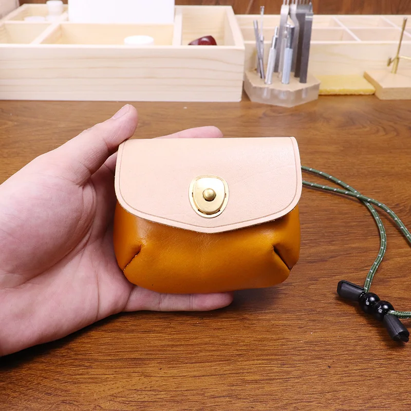 New Neck Hanging Head Layer Cowhide Leather Coin Purse Splicing Color Matching Tannery Leather Versatile Storage Earphone Bag