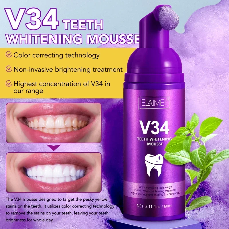 

V34 tooth whitening essence purple cleaning mousse toothpaste remove yellow teeth Tartar Plaque stains repair Cavities Caries