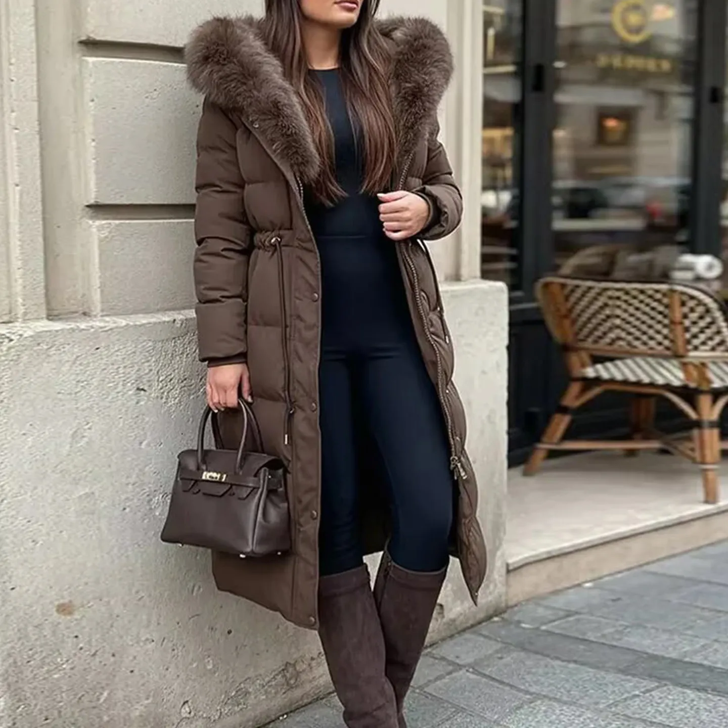 Elegancka długa kurtka z zamkiem błyskawicznym, wkładana przez głowę, odzież wierzchnia damska, zimowa, nowość 2025, osobowość, prosty styl, uniwersalna.