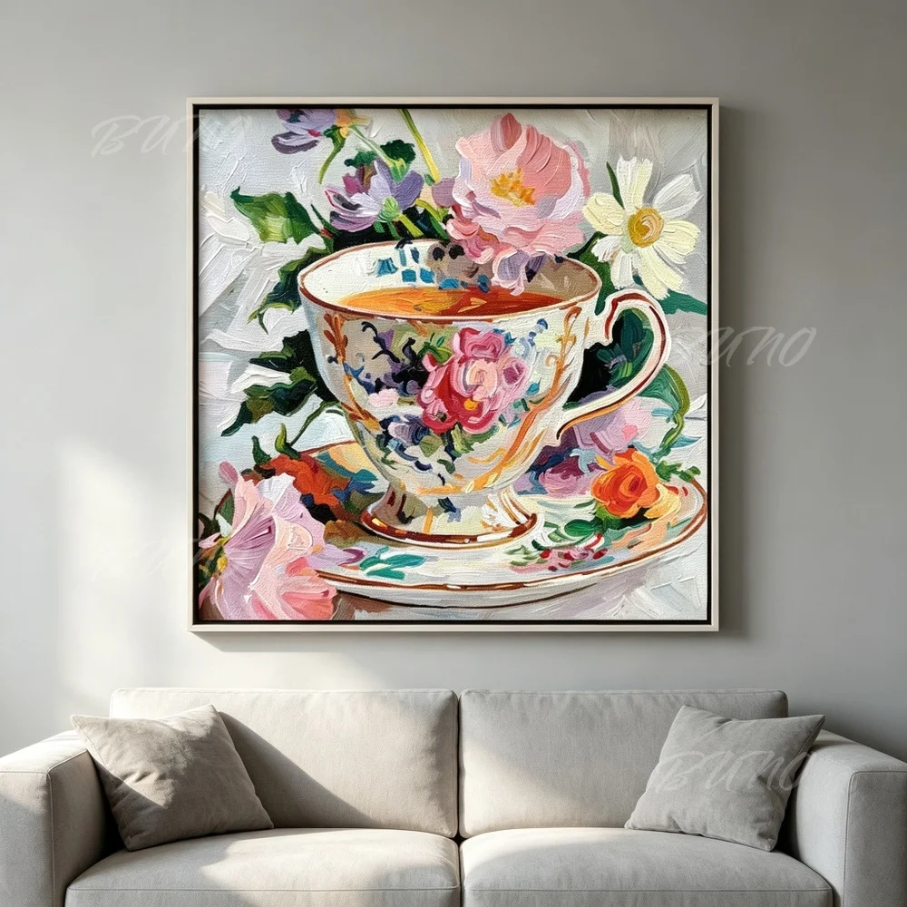 100% Hand Painted Original Abstract Oil Painting Textured Floral Teacup Still Life Wall Art For Home Living Room Bedroom Decor