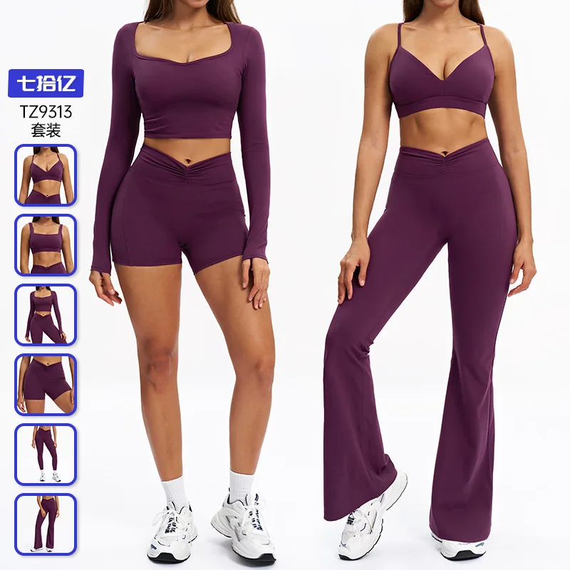 

Black winter brushed outdoor sports suit, blue tight-fitting women's back-shaping yoga suit, hip and waist-cinching red fitness