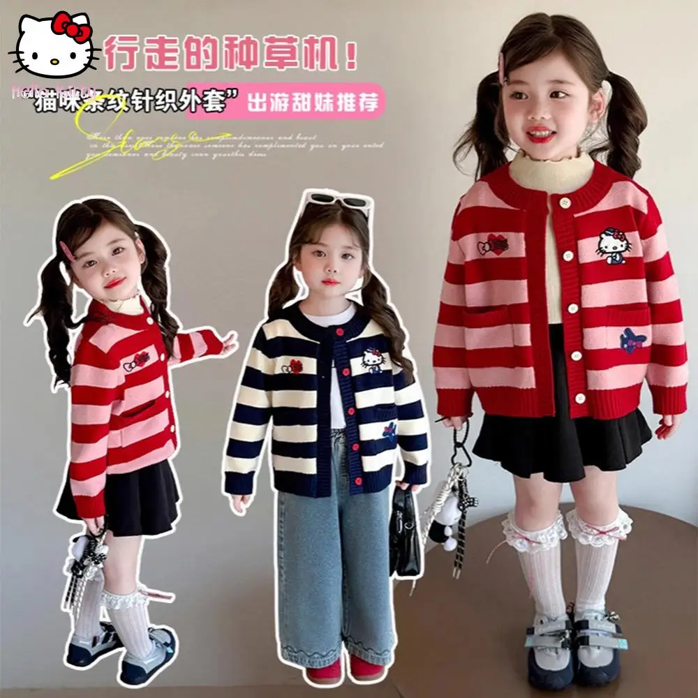 

Sanrio, осенний детский свитер в Корейском полоску «Hello Kitty», весенний наряд, стильный шерстяной кардиган, весенне-осенний мультяшный кардиган