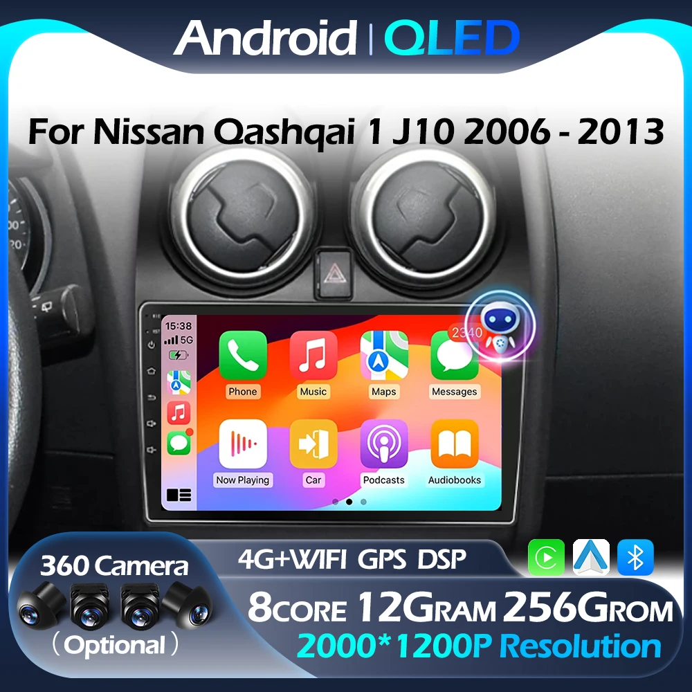 

Автомобильное радио Android Auto CarPlay для Nissan Qashqai 1 J10 2006-2013, мультимедийный навигационный плеер QLED WIFI 4G Bluetooth