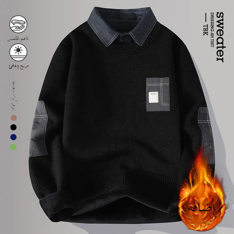 

Men's Thiened Long Sve Knitted Sweater Autumn Winter Casual Sle irt Collar Fake Two-Piece Faionable Urban Wear
