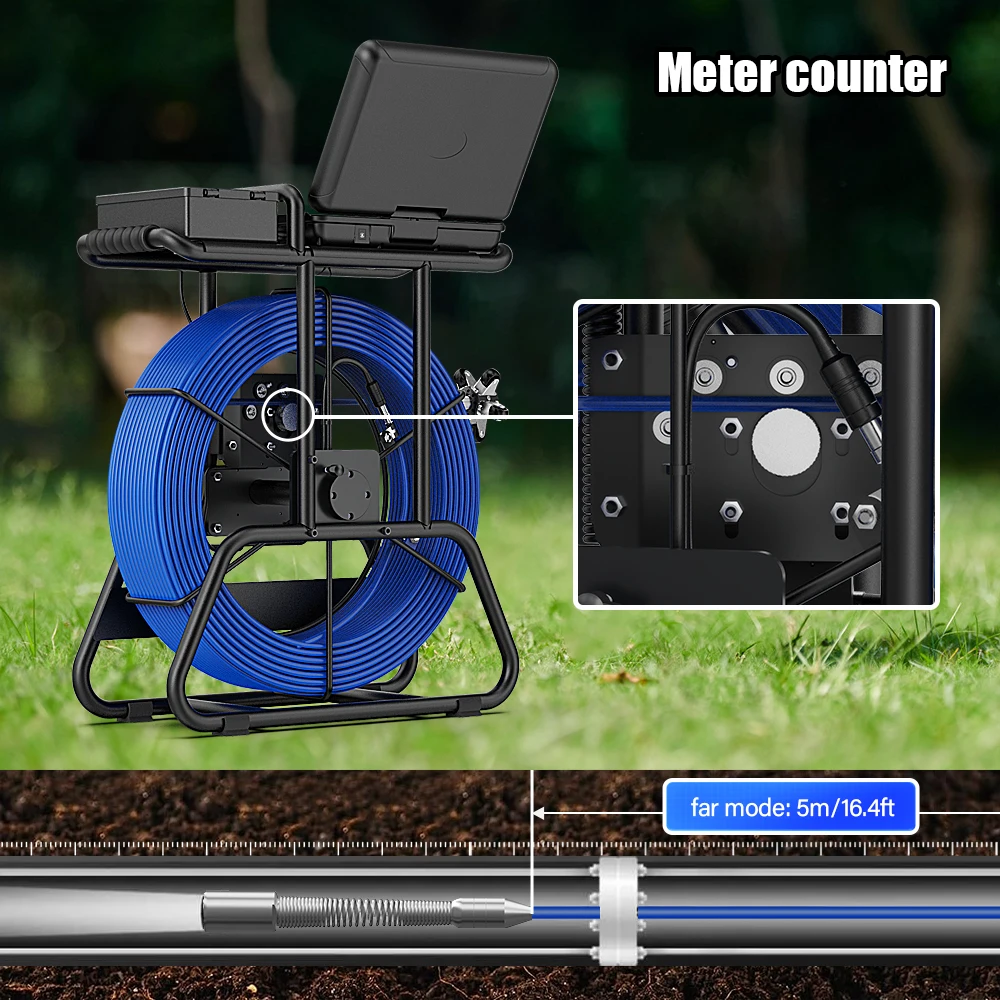 100M กล้องตรวจสอบท่อระบายน้ํา 10 นิ้วหน้าจอ IPS 1080P และเคาน์เตอร์มิเตอร์ + Self-Leveling 512HZ Locator + เส้นผ่านศูนย์กลาง 7 มม.หนา Cabl