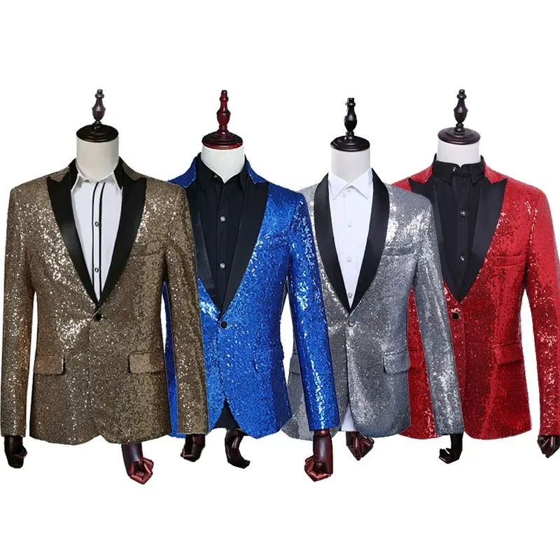 

Men's Sparkling Stage Performance Dress Gold Sequin Suit Nightclub Host Ceremonial Studio Coat Small Suit Blazer for Men Blazers