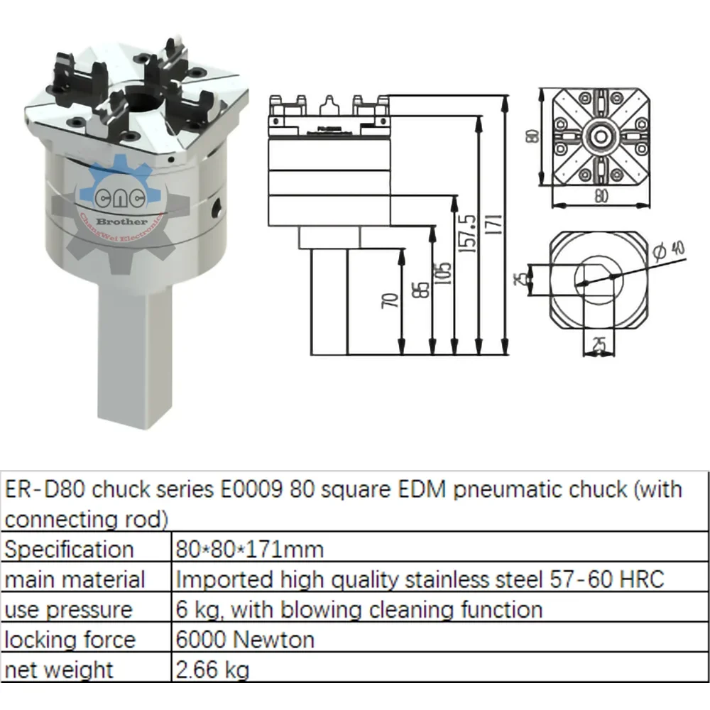 Precision CNC Carving Chuck ER/3R Interface for EDM Spark Machine Clamping 80mm Square Pneumatic Chuck With Connecting Rod