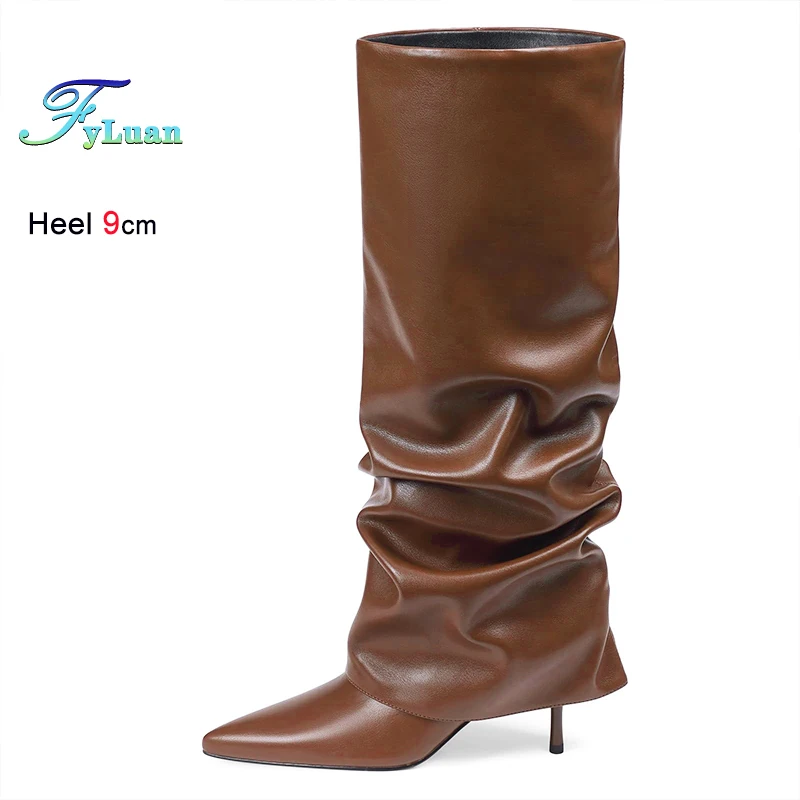 

Autumn New Pleated Knee High Boots For Women Fashion Stiletto 9CM High Heel Pointed Brown Turned-Over Edge Boots T Show Shoes