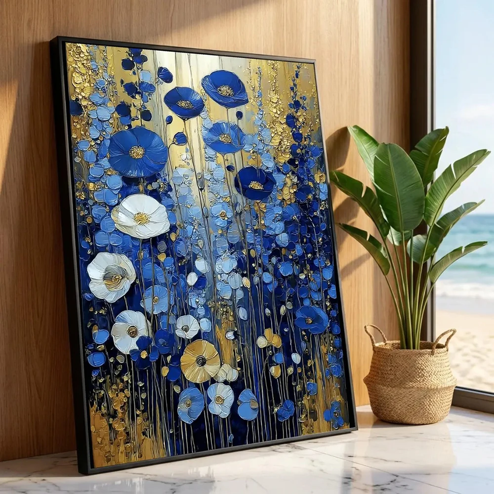 Gustav Klimt Stil Blauer Blumen-Leinwanddruck Moderne Goldblatt-Wandkunst Poster Leuchtende Blumendekoration Abstrakte Heimdekoration