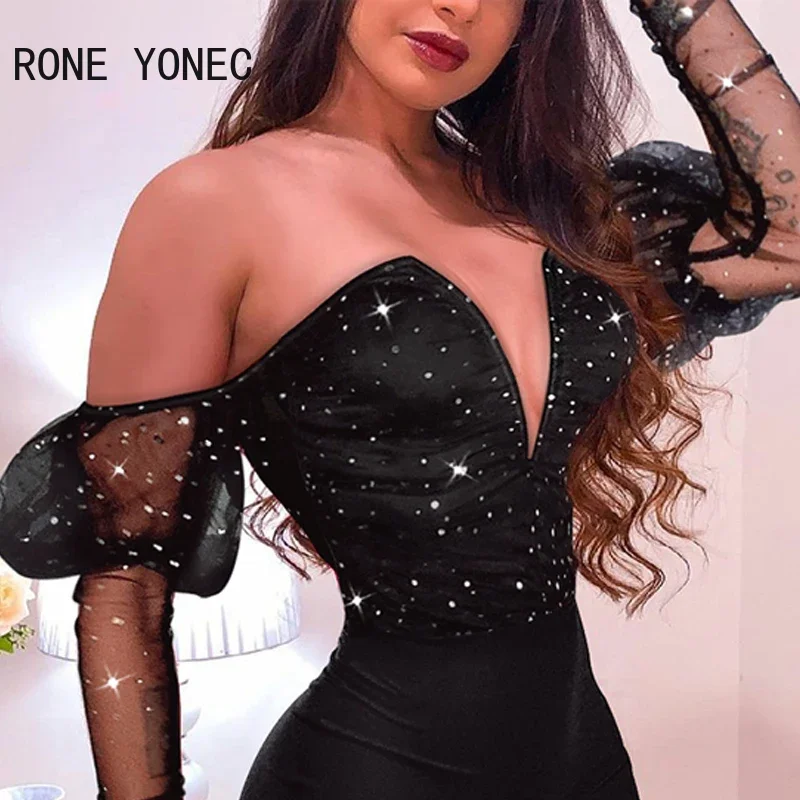 Frauen Sexy Tiefe V Neck Off Schulter Laterne Ärmeln Strass Mini Bodycon Party Schwarz Kleider