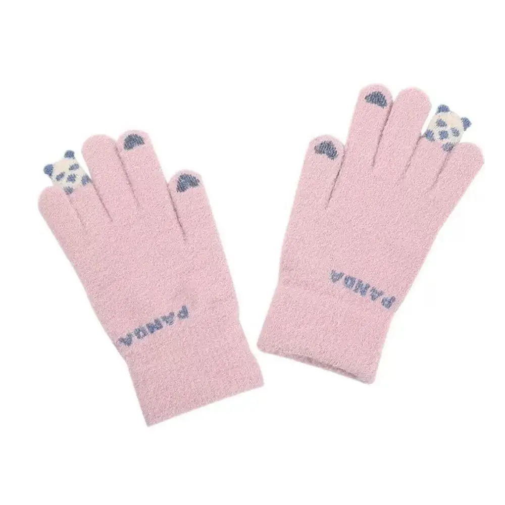 Bear Design Crystal Fleece Knitted Gloves Knit Fabric One Size Touch Screen Full Finger Gloves Thick Warm Gloves For Women