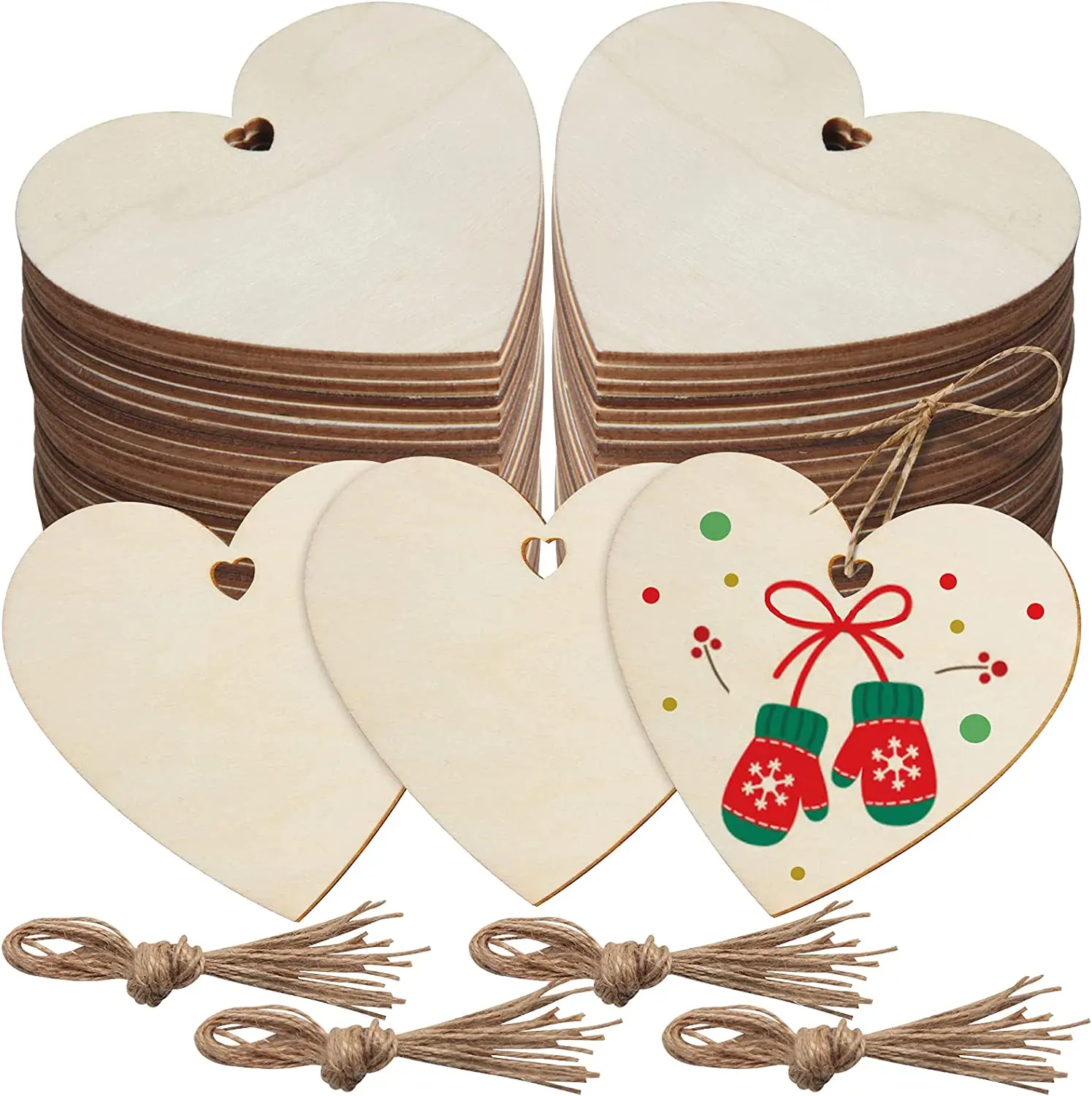 Unfinished Love Heart Wood Slices Ornaments Blank Wood Heart Tags with Holes with Natural Twine For DIY Crafts Painting Decor