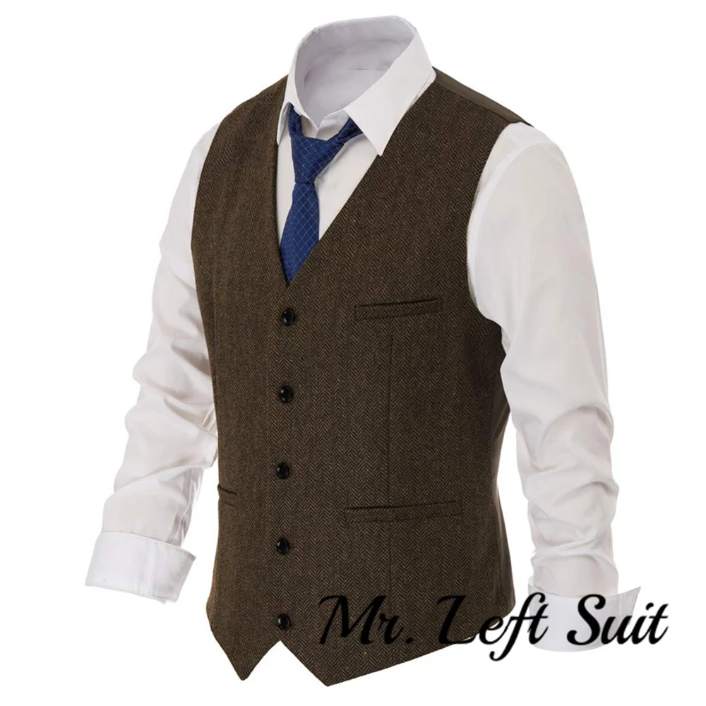 Men\'s Western Herringbone Tweed Suit Vest Wool Blend V Neck  Waistcoat Single-breasted Herringbone Slim Fitted Suit Vests