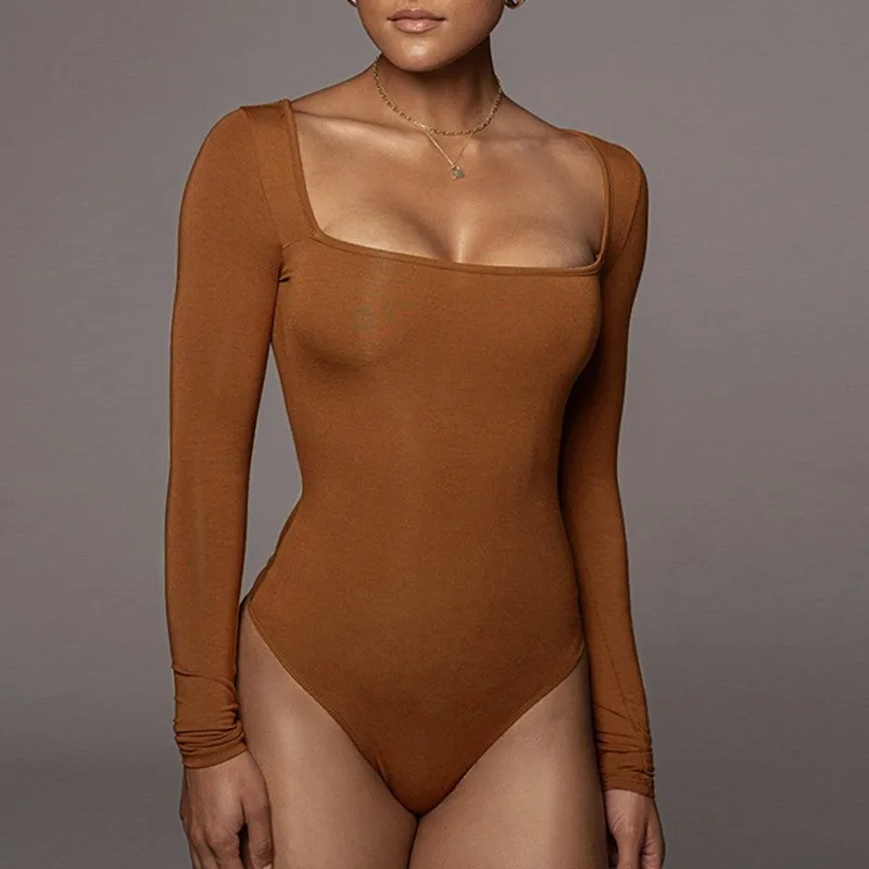 Women's Long Sleeve Square Neck Fitted Mid Waist Capri Jumpsuit Solid Color Knit with Snap Button Front Closure Smooth Knit