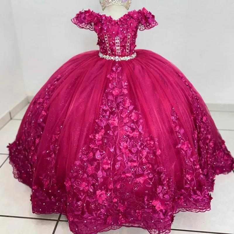 

Luxury Rose Red Flower Girls Dress Beading Tassels Ball Gown 3DFlowers Applique Communion For Birthday Corset Wedding Party Gown