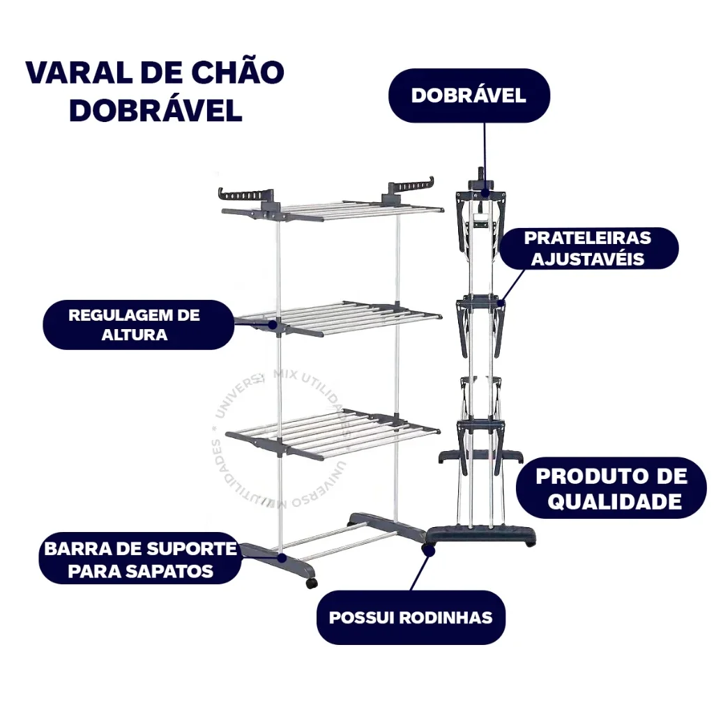 Varal Chão 3 Andares Roupa 4 Rodas Dobrável Reforçado，Cada prateleira suporta até 10 kg，Adequado para qualquer tipo de roupa