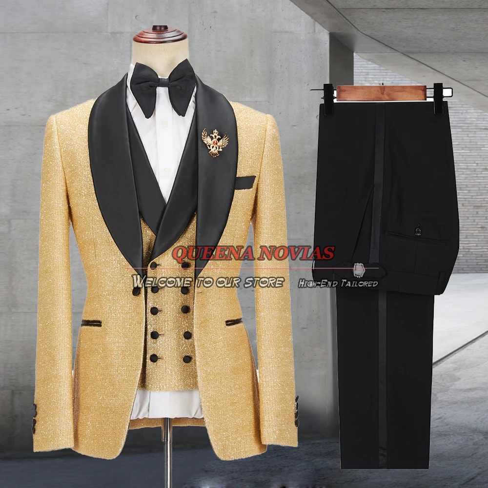 Traje de lentejuelas brillantes para hombre, esmoquin de boda para novio, conjunto de Blazer burdeos, vestido Formal de fiesta de graduación, hecho a medida, 3 piezas de negocios