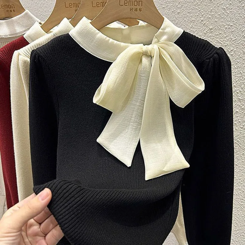 

2025 New Autumn Winter Women Slim-fit Sweater Ribbon Bowknot Knitted Sweater Female Soft Blouse Korean Style Sweet Base Shirt