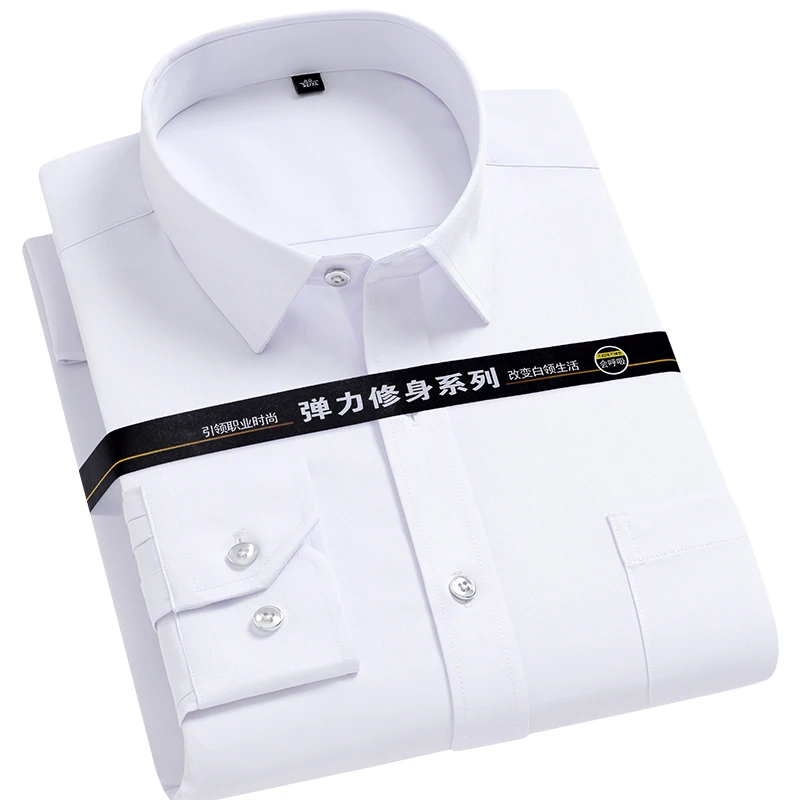 New Stretch Anti-Wrinkle Men's Social Shirt Long Sleeve Formal Dress Shirts For Men Clothes Slim Fit Business Blouse White Shirt