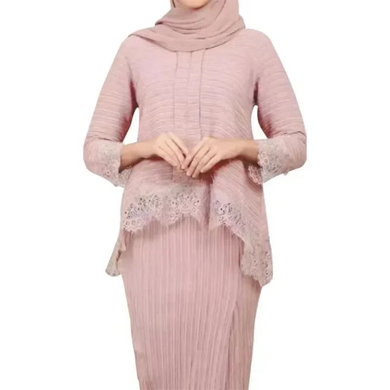 Eid Ramadan Arab Muslim Women Modest Dubai Wrinkled Pleated Tops and Skirt Set Islamic Clothing Abaya Malaysia Turkey Clothing