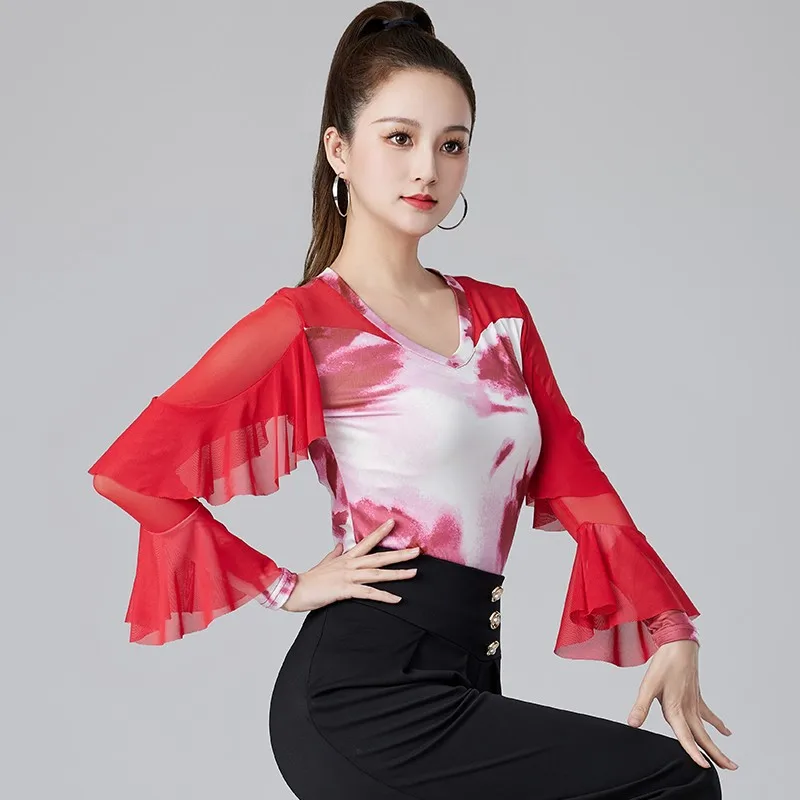 Top de baile latino para mujer, Ropa de baile cuadrado moderno, manga larga, ropa de práctica impresa, Primavera, S-3XL