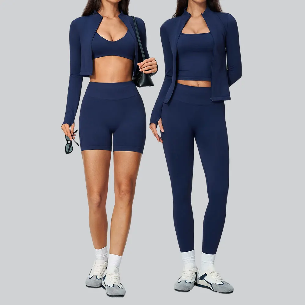 3PCS Fitness Suit Women Seamless Ribbed Yoga Set Zip Thumb Hole Jacket Sports LeggingsTracksuits Workout Gym Running Sports Suit