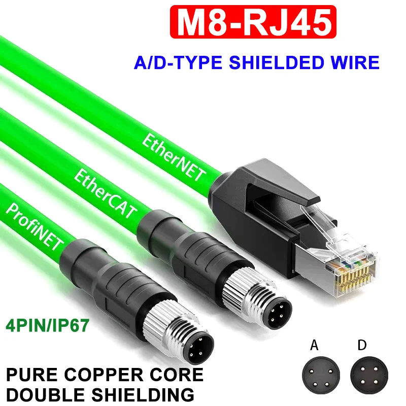 M8 A-code RJ45 4 Pin Double Shield Ethernet  PlugCable to Network Connector D-code  Flexible Aviation Sensors Male Female High