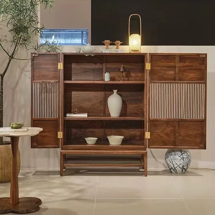 New Chinese Style Black Walnut Grille Entryway Cabinet, Solid Wood Sideboard, Living Room Tea Room Storage Sideboard, Zen-style