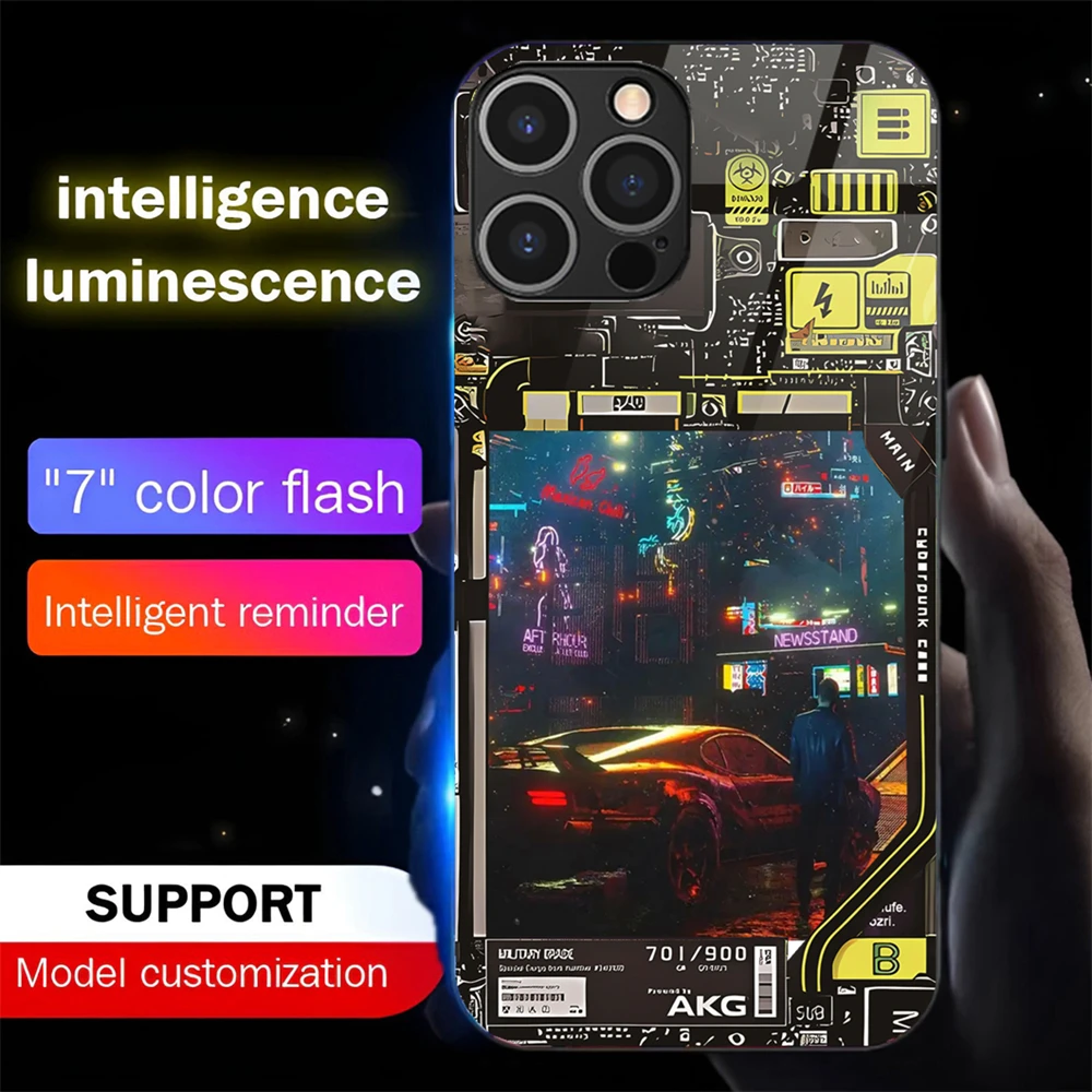 

So Cool Cyber World LED Light Glow Luminous Tempered Glass Phone Case For iPhone 16 E 15 14 13 12 11 Pro Max X XS SE