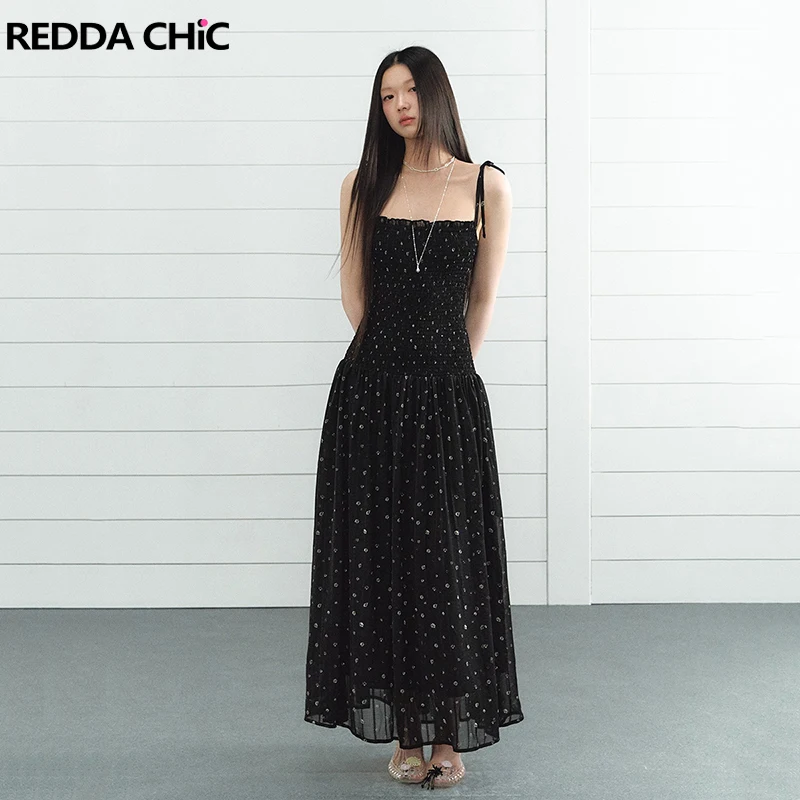 REDDACHiC Women Tie Up Camisole Dress Black Floral Elastic Waist Shirring Midi Long Flowy Dress Korea Sweet Summer Everyday Wear