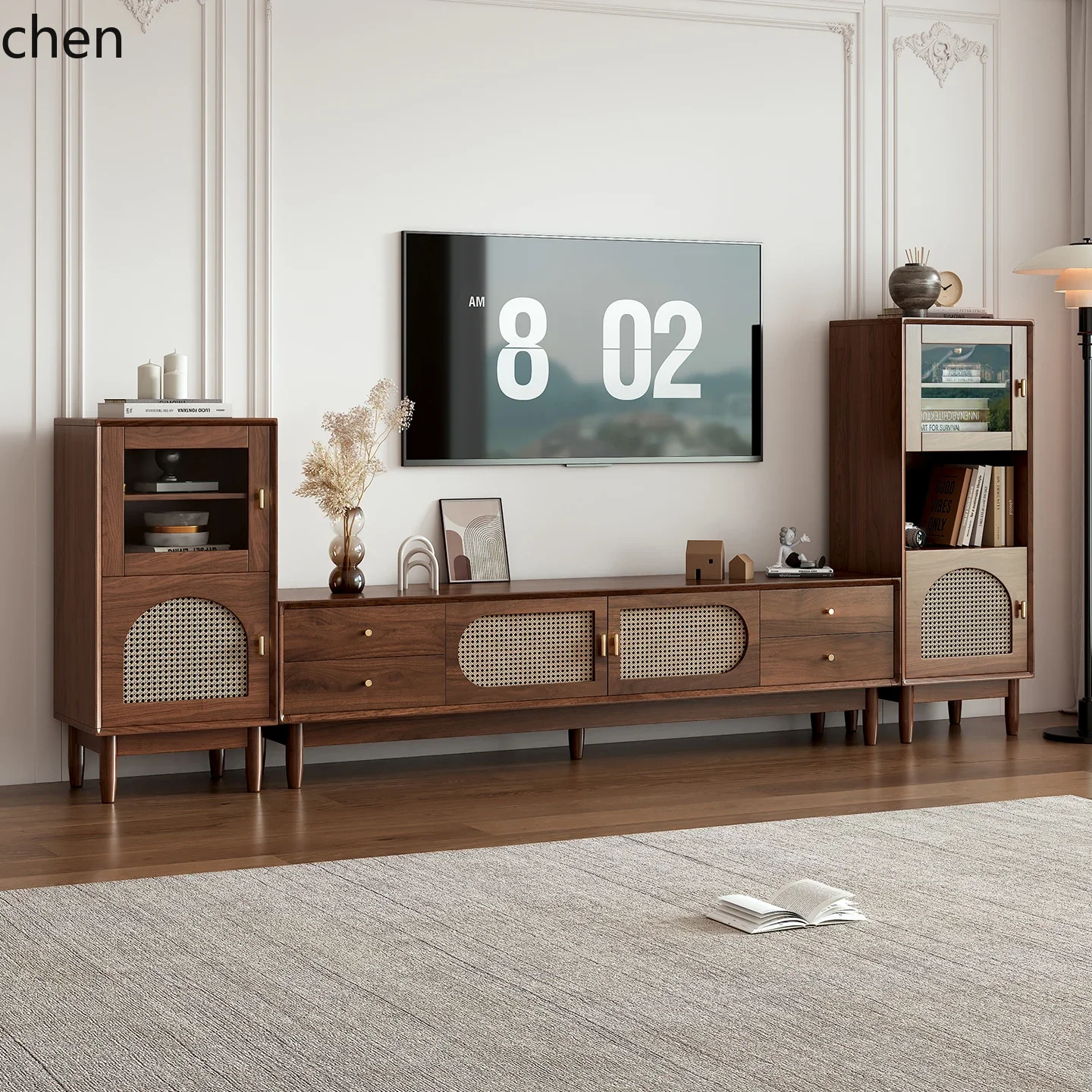 DSA  TV Cabinet and Coffee Table Set Retro Rattan Woven Solid Wood Frame Living Room Storage Cabinet Chest of Drawers