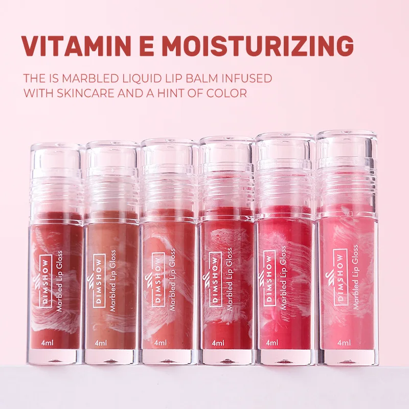 DIMSHOW 6 Colors Marbled Mirror Lip Glaze Texture Essence Moisturizing Lip Care Lip Gloss for Easy Lip Appearance