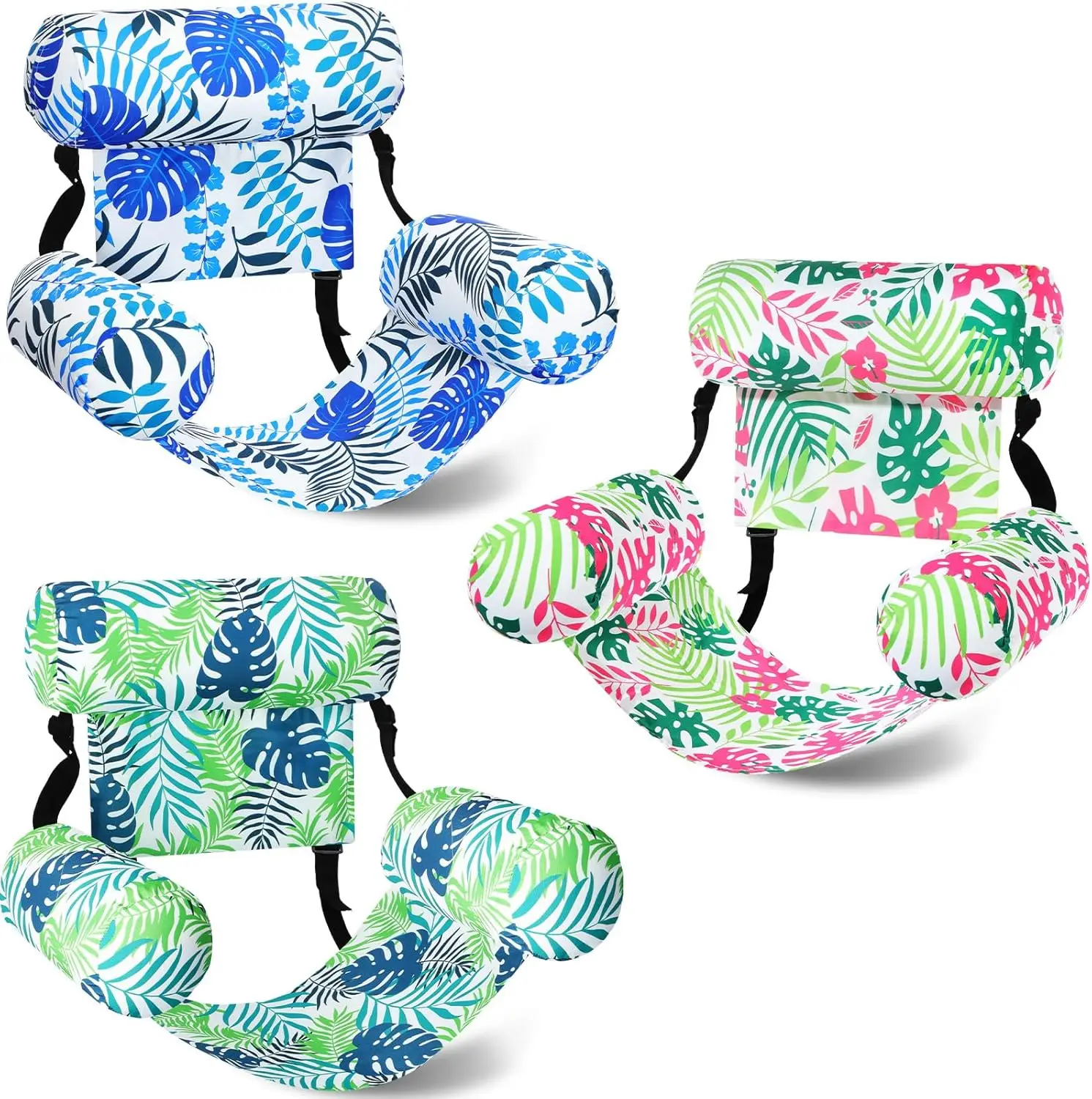 3 Pcs Adjustable Inflatable Pool Lounge Chairs with Tropical Pattern for Adult Summer Swimming