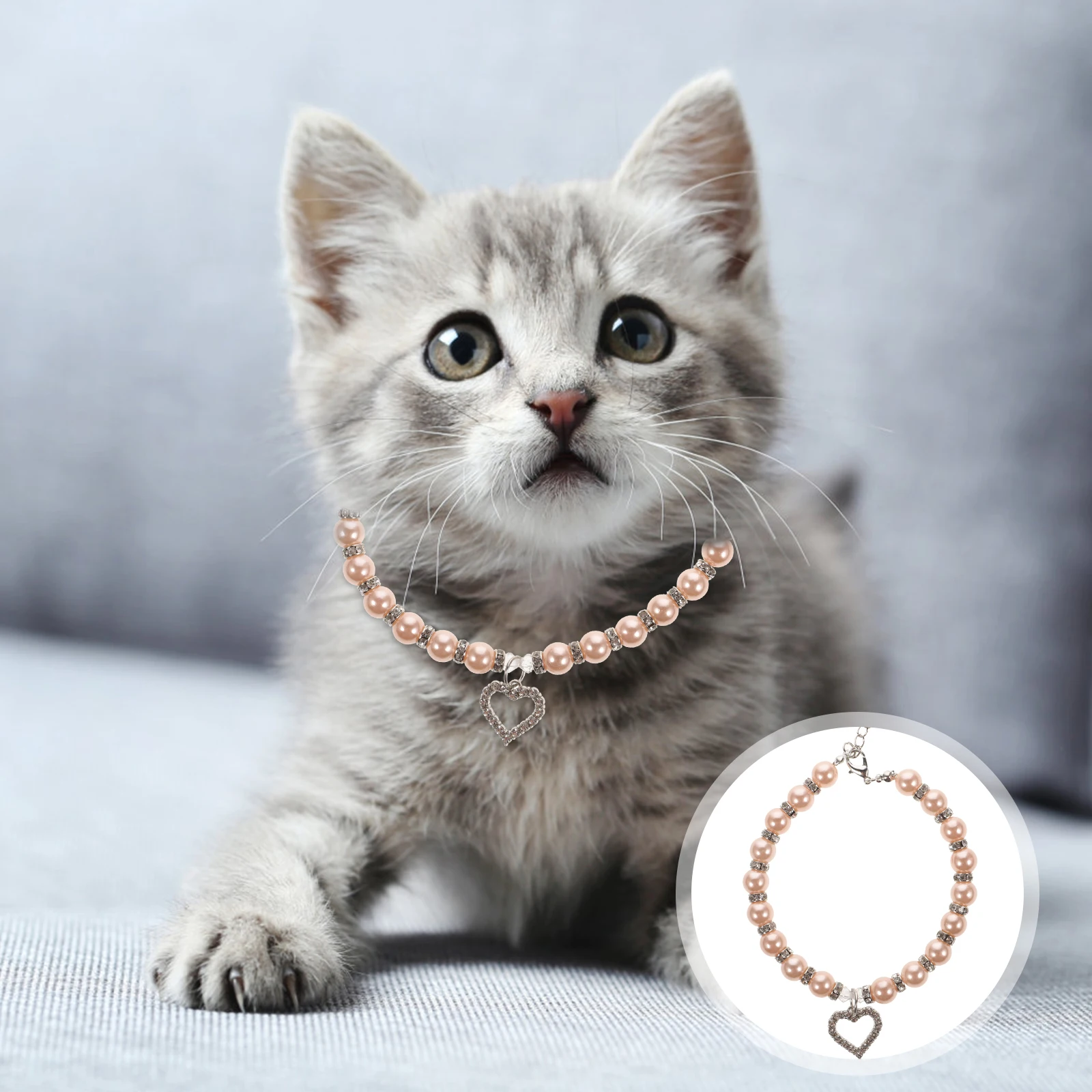 

Pet Necklace Bling Crystal Heart Pendant Dog Cat Jewelry Adjustable Pearl Necklace For Pets Pink Size For Party