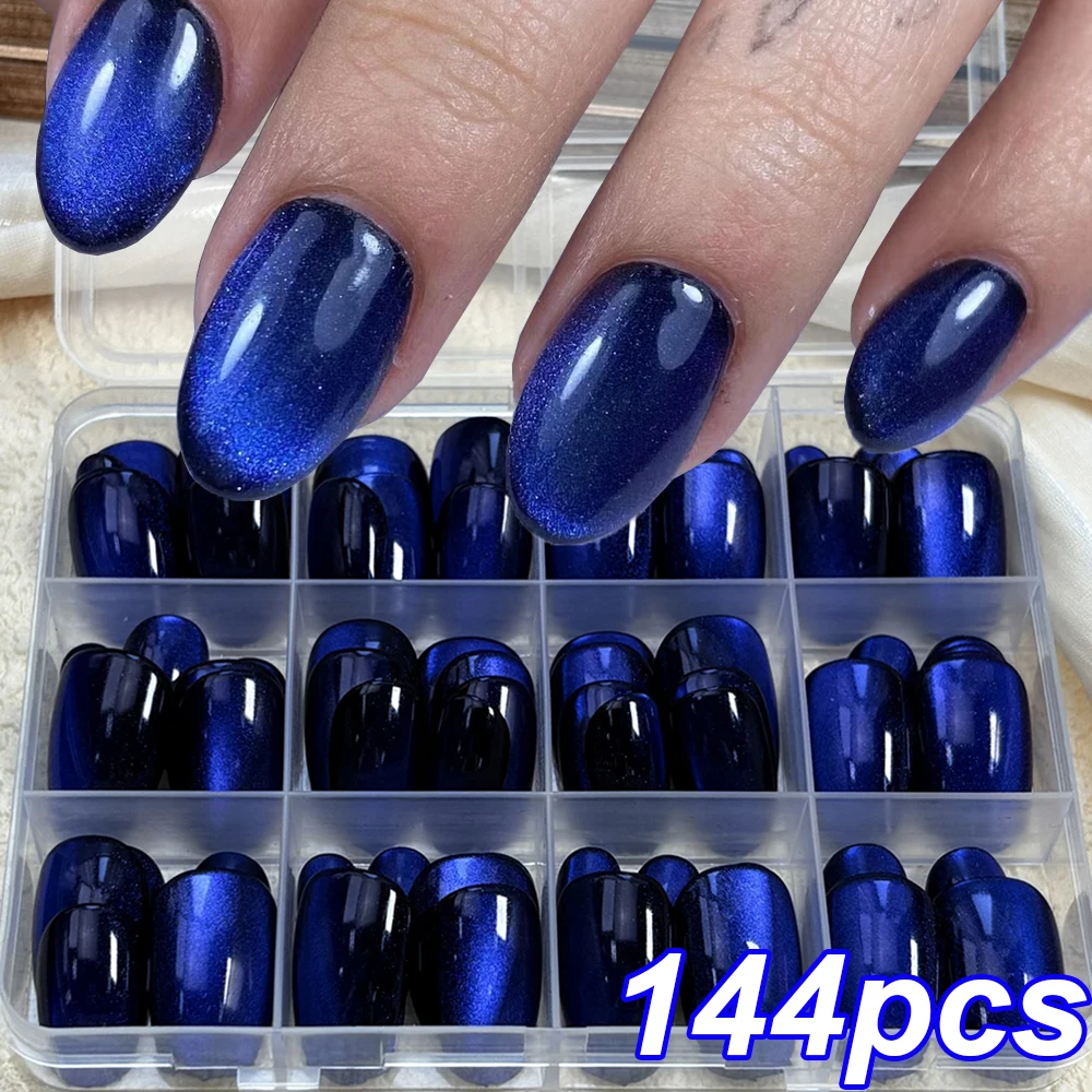 

144 шт. темно-синие накладные ногти «кошачий глаз», короткие овальные ногти ручной работы с полным покрытием, носимые многоразовые накладные ногти для женщин, красота