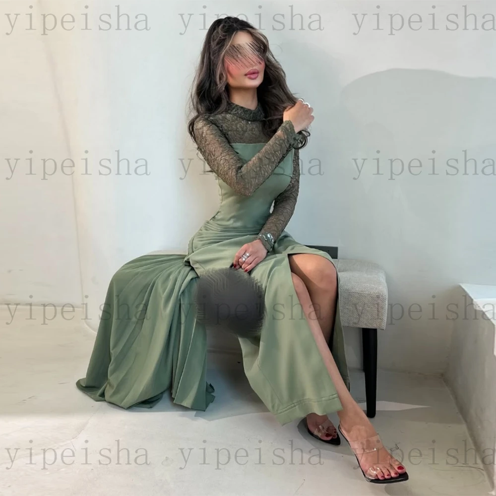 Customized High Neck Evening Dresses Front Split Ankle-Length Lace Full Sleeve Prom Gown Modern Pleat Straight Party Dress image 5