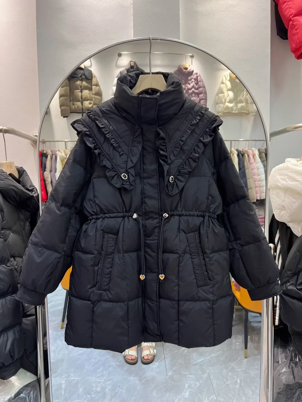 Casual Fashion Warm Coat Female Korean 2024 New Winter Navy Edition Stand Collar Drawstring Waist White Duck Down Jacket Women