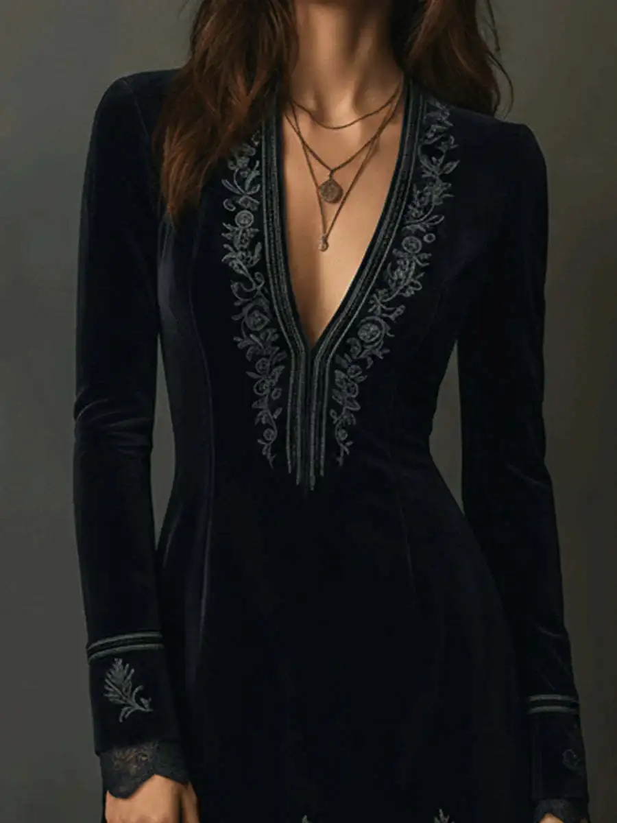 우아한 V넥 드레스 여성 섹시 벨벳 플로럴 프린트 레이스 슬림 미니 드레스 빈티지 긴팔 봄 가을 드레스 2026