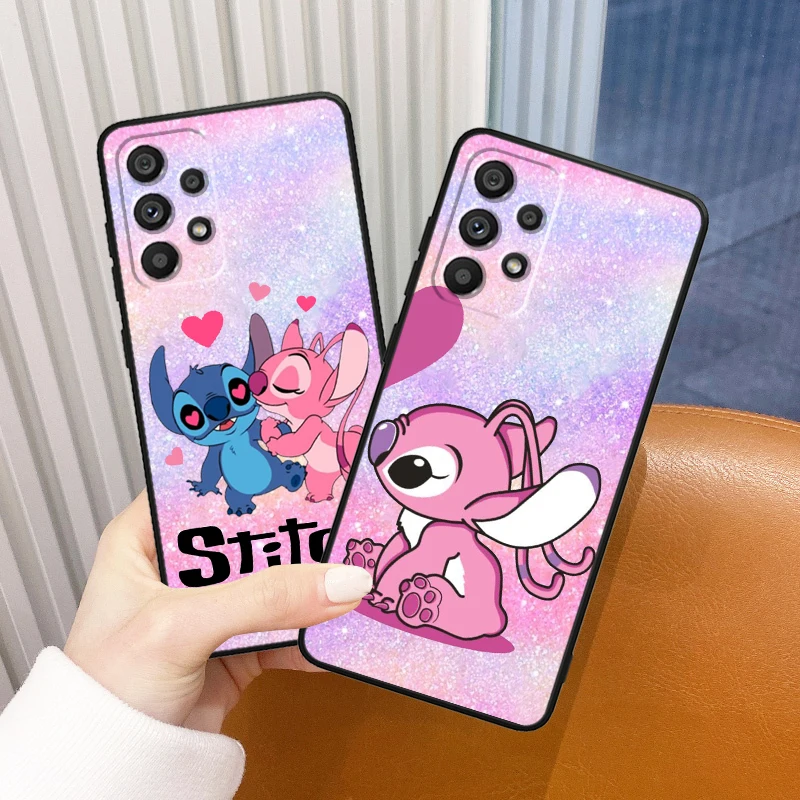 Stitch Angel Couple Disney para Samsung Galaxy A73, A72, A55, A54, A53, A52S, A34, A33, A32, A24, A15, A05S, funda de teléfono negra de TPU