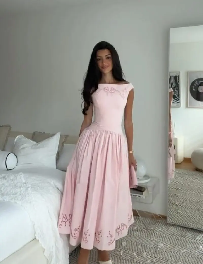Minimalistisches weißes Midikleid mit U-Boot-Ausschnitt für Damen, elegantes A-Linien-Kleid mit Flare-Saum, Ösen-Stickerei, Vestido, Hochzeits- und formelles Partykleid