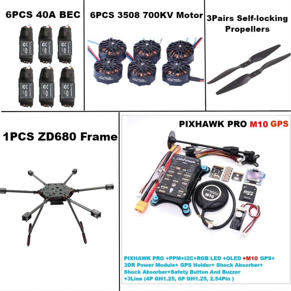 PIXHAWK-ZD680 PRO M10 Cadre Hexa-Rotor Pliable en Fibre de Carbone avec Train d'Atterrissage Non Flottant