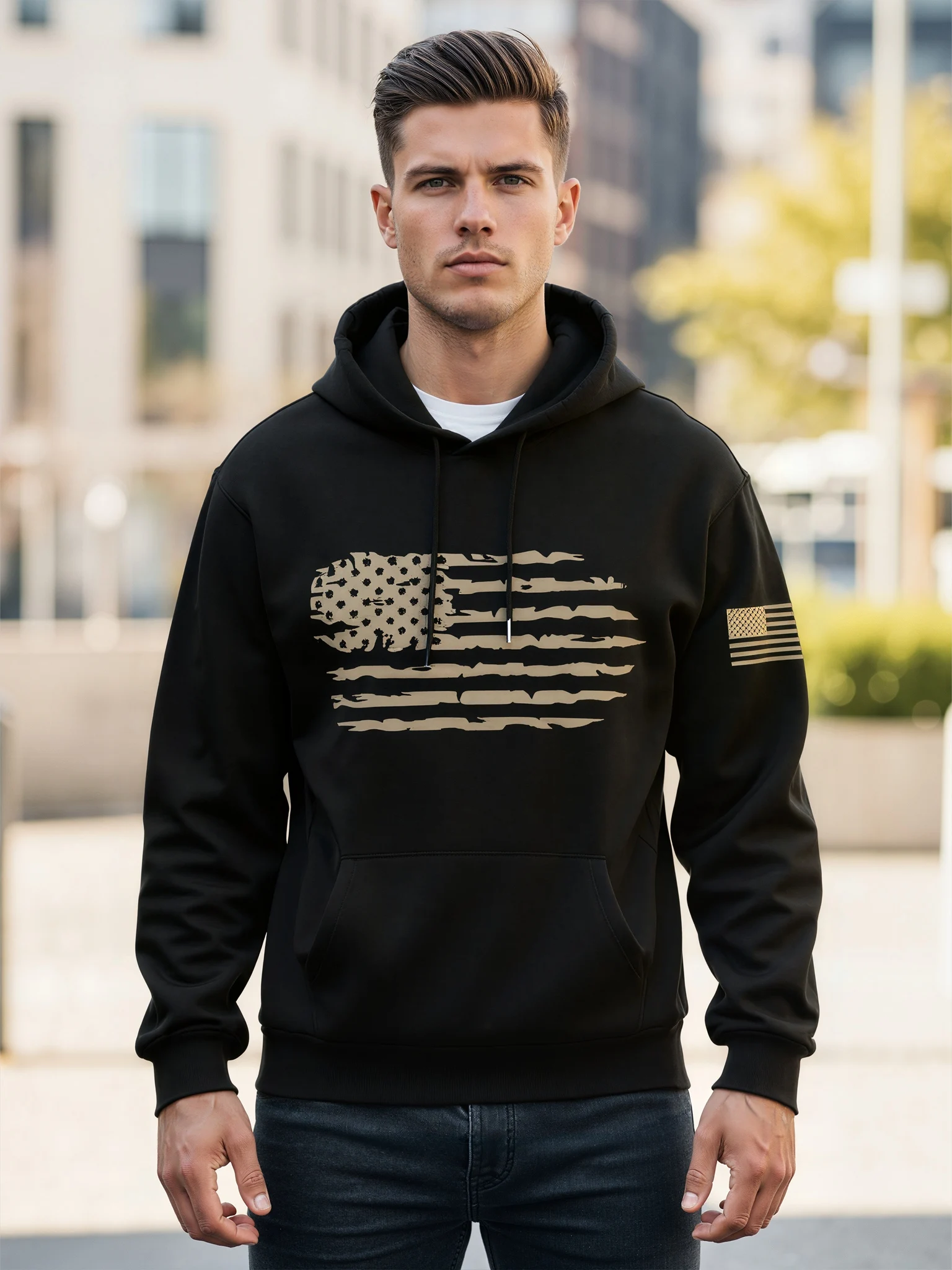 Men Hoodie Distressed American Flag Graphic Print Hooded Sweatshirt Drawstring Pocket Casual Loose Male Streetwear Pullover Tops