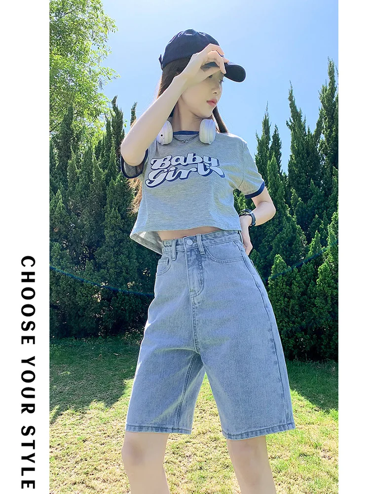 High Waist Straight Leg Thin Denim Shorts Women's Loose Fit Summer Student Mid-Calf Pants Casual Wear Cotton Stretch Fabric